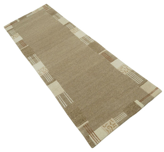 Nepal Teppich 100% Wolle Handgeknüpft Beige Braun 80X250 cm Orientteppich N768