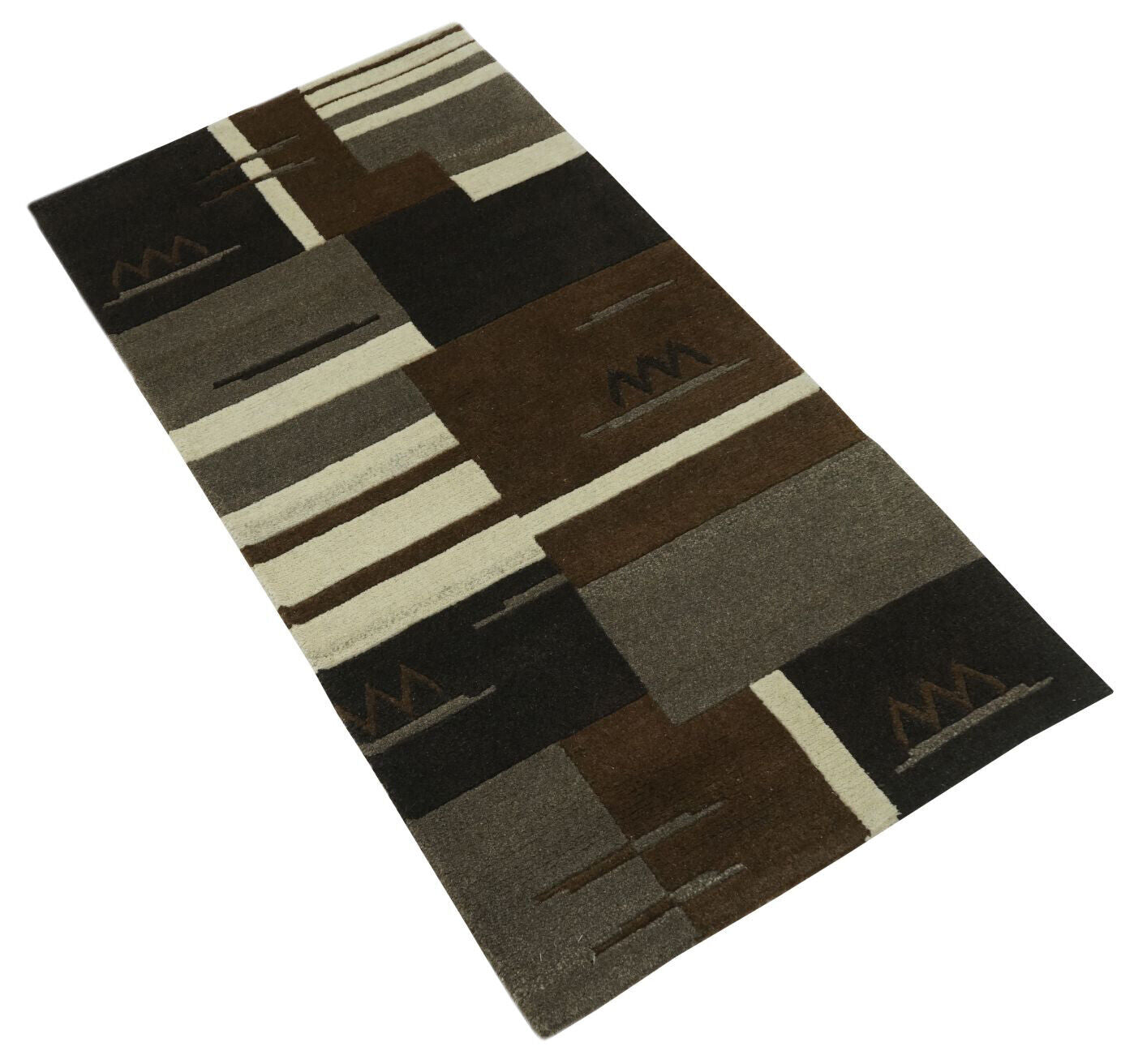 Nepal Teppich Handgeknüpft Beige Braun Grau 100% Wolle Orient 70x140 cm N763