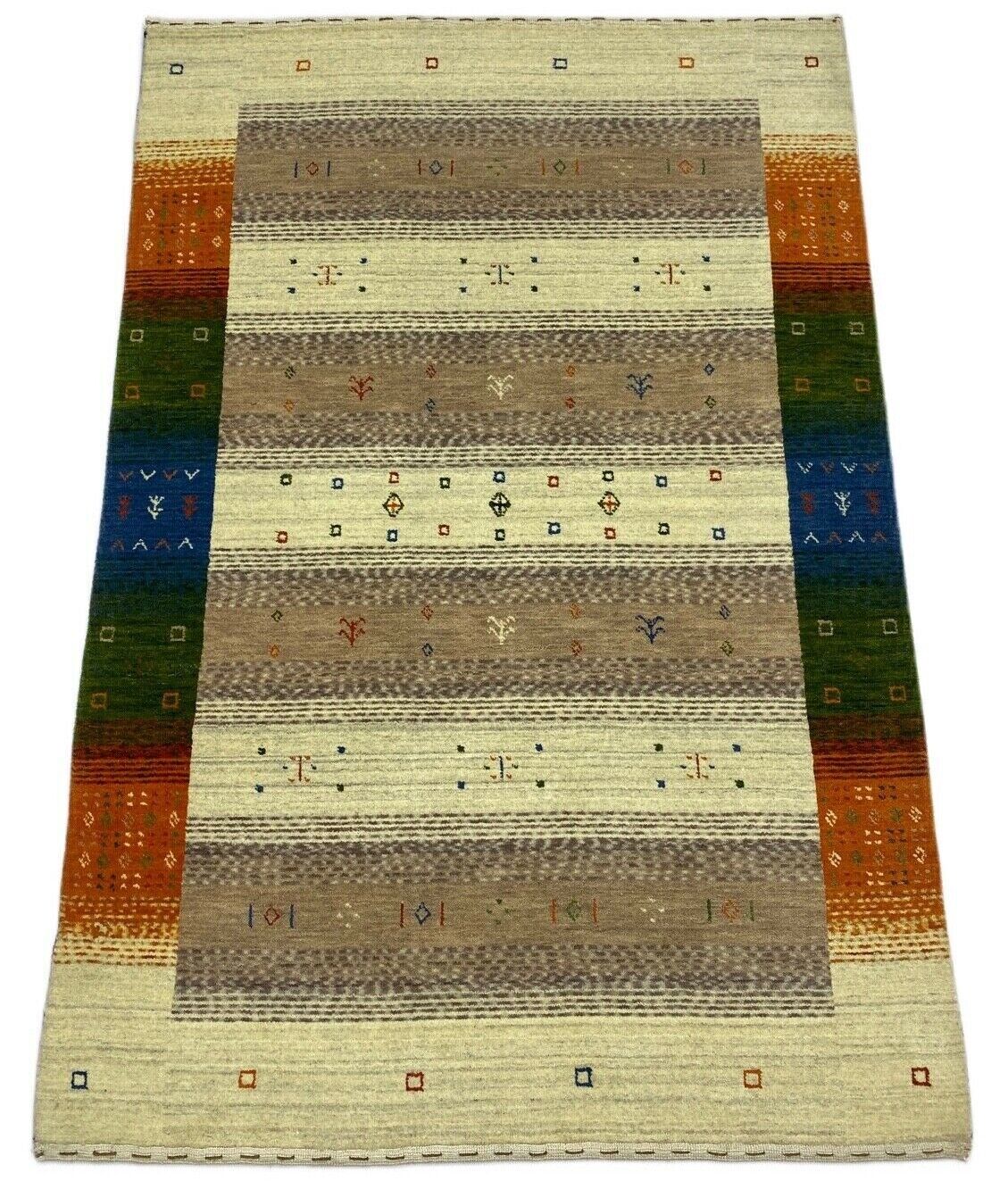 Gabbeh Teppich 100% Wolle Beige Orange Blau loom lori Handgewebt 125x180 cm S111
