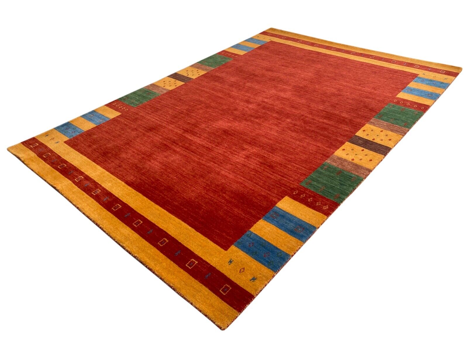 Tappeto Gabbeh, 100% lana, 200x300 cm, rosso, oro, blu, tessuto a mano, tappeto orientale, 113