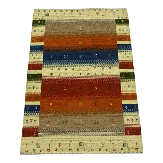 Gabbeh Teppich 100% Wolle Beige Orange Blau loom lori Handgewebt 125x180 cm S1