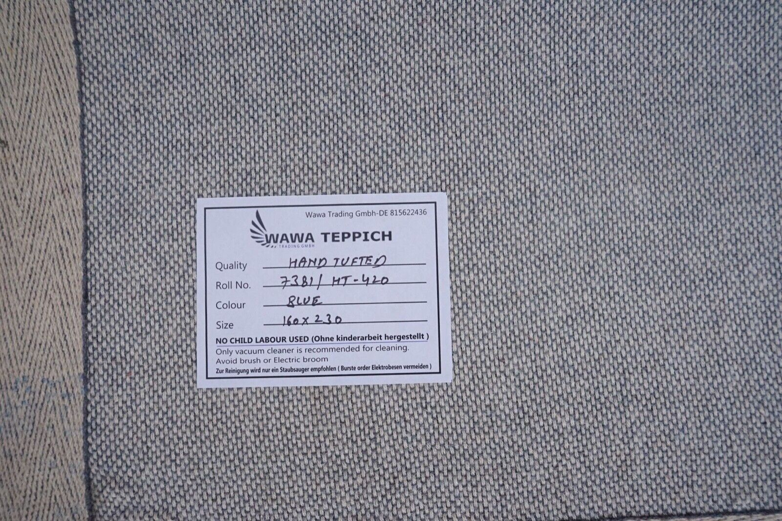 Teppich 100% Wolle Blau 160X230 cm Orientteppich Handgetuftet HT420