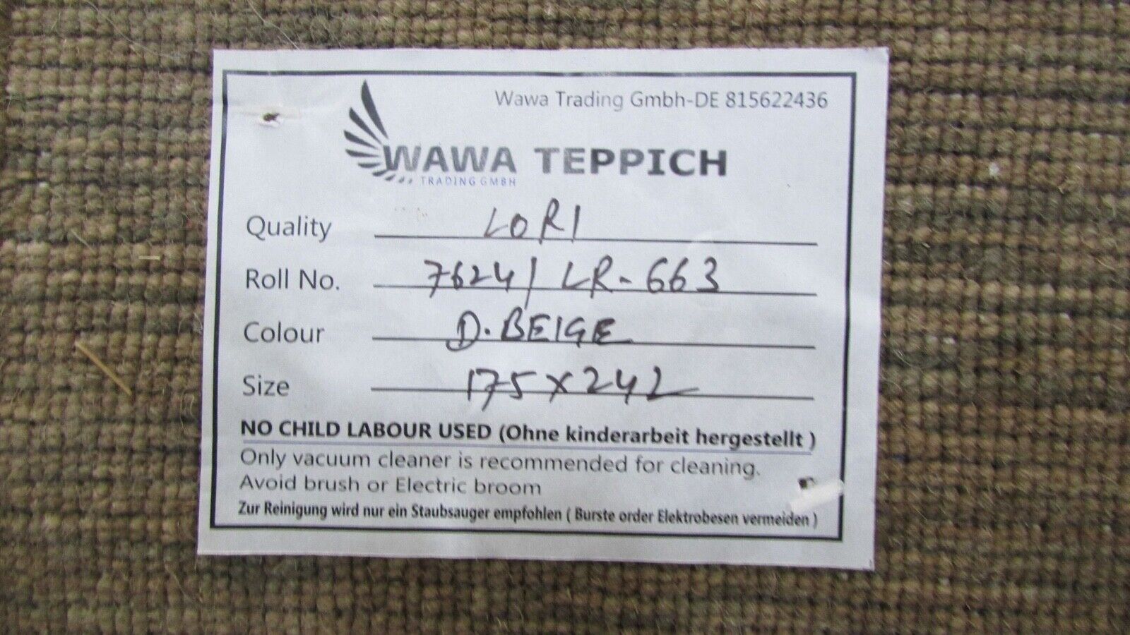 Alfombra Gabbeh Beige Oscuro 100% Lana 175x240 cm Tejida a Mano en Telar Lr663