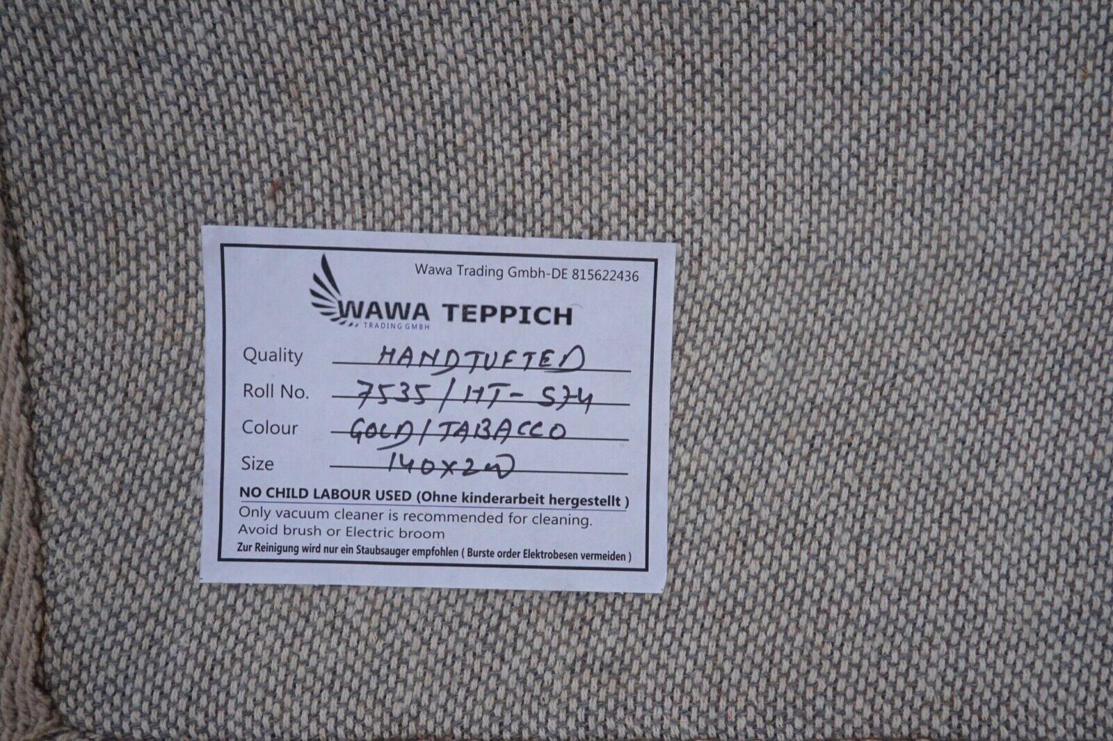 Gold Tabak 140X200 cm Teppich 100% Wolle Orientteppich Handgetuftet HT574