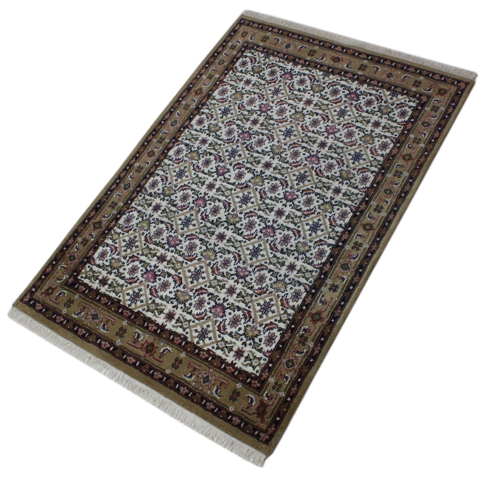 Herati Beige Braun Teppich Wolle Handgeknüpft 100% Schurwolle 140X200 cm D6