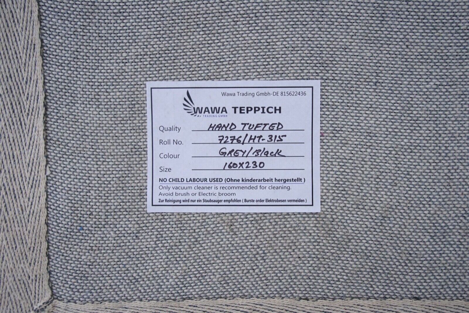 Teppich 100% Wolle Grau Schwarz 160X230 cm Orientteppich Handgetuftet HT315