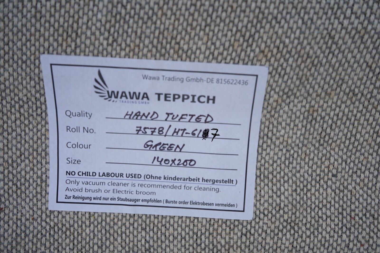 Grün Beige 140X200 cm Teppich 100% Wolle Orientteppich Handgetuftet HT617