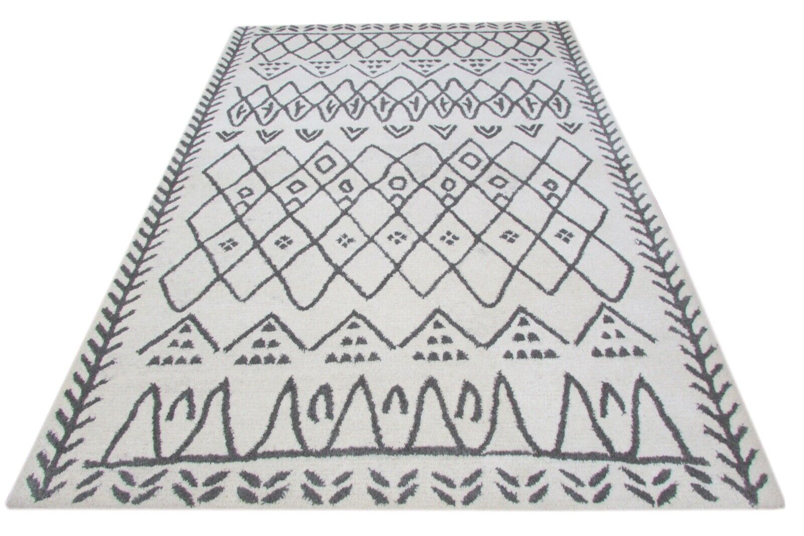 Svetainės marokietiško dizaino rankomis dygsniuotas kilimas, 100 % vilnos, smėlio/pilkos spalvos, 160 x 230 cm