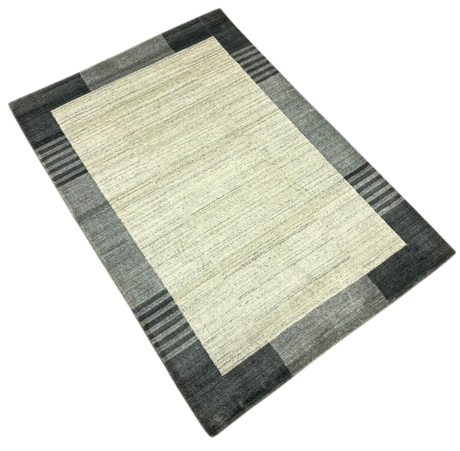 Grau Teppich 100% Wolle Silber Weiß Gabbeh Handgewebt 125x178 cm dp Garn S179