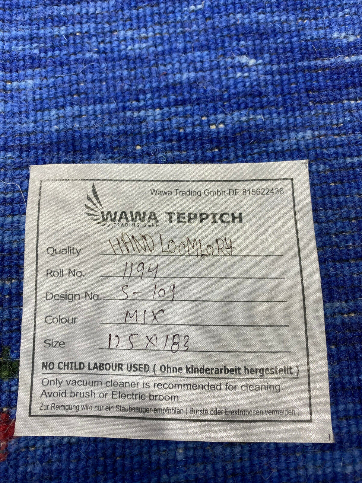 Teppich 100% Wolle Lori Handgewebt Blau Orientteppich 125x183 cm S109