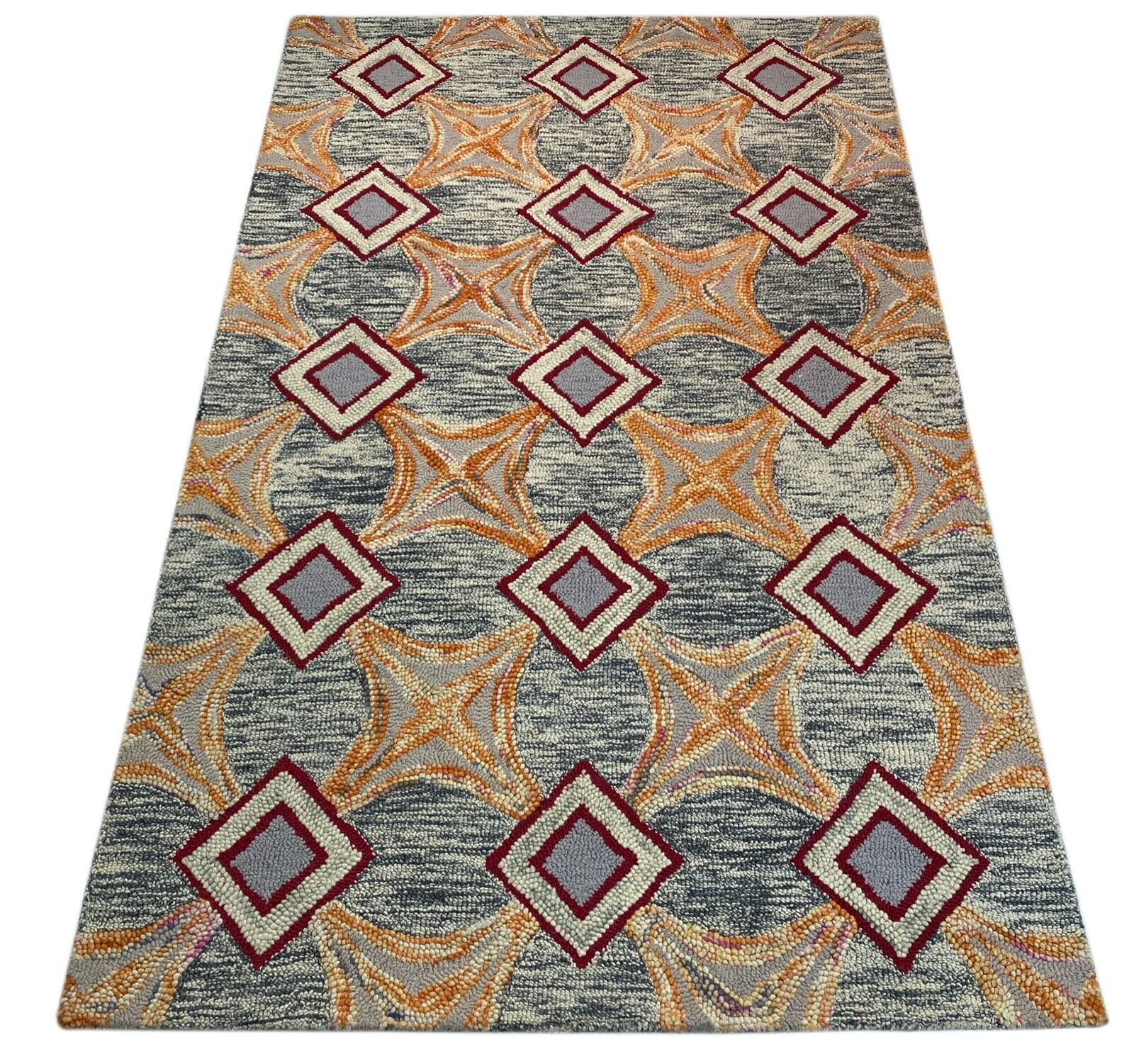 Designer Teppich Orange Beige Rot Grau 100% Wolle Handarbeit 150X240 CM MH925
