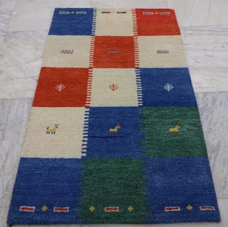Gabbeh Teppich 93x150 cm Handgeknüpft  ~ 100% Wolle ~ Blau Beige Grau Orange M6