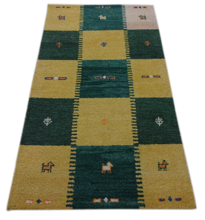 Gabbeh Teppich 90x160 cm Handgeknüpft 100% Wolle Gold Grün  M10