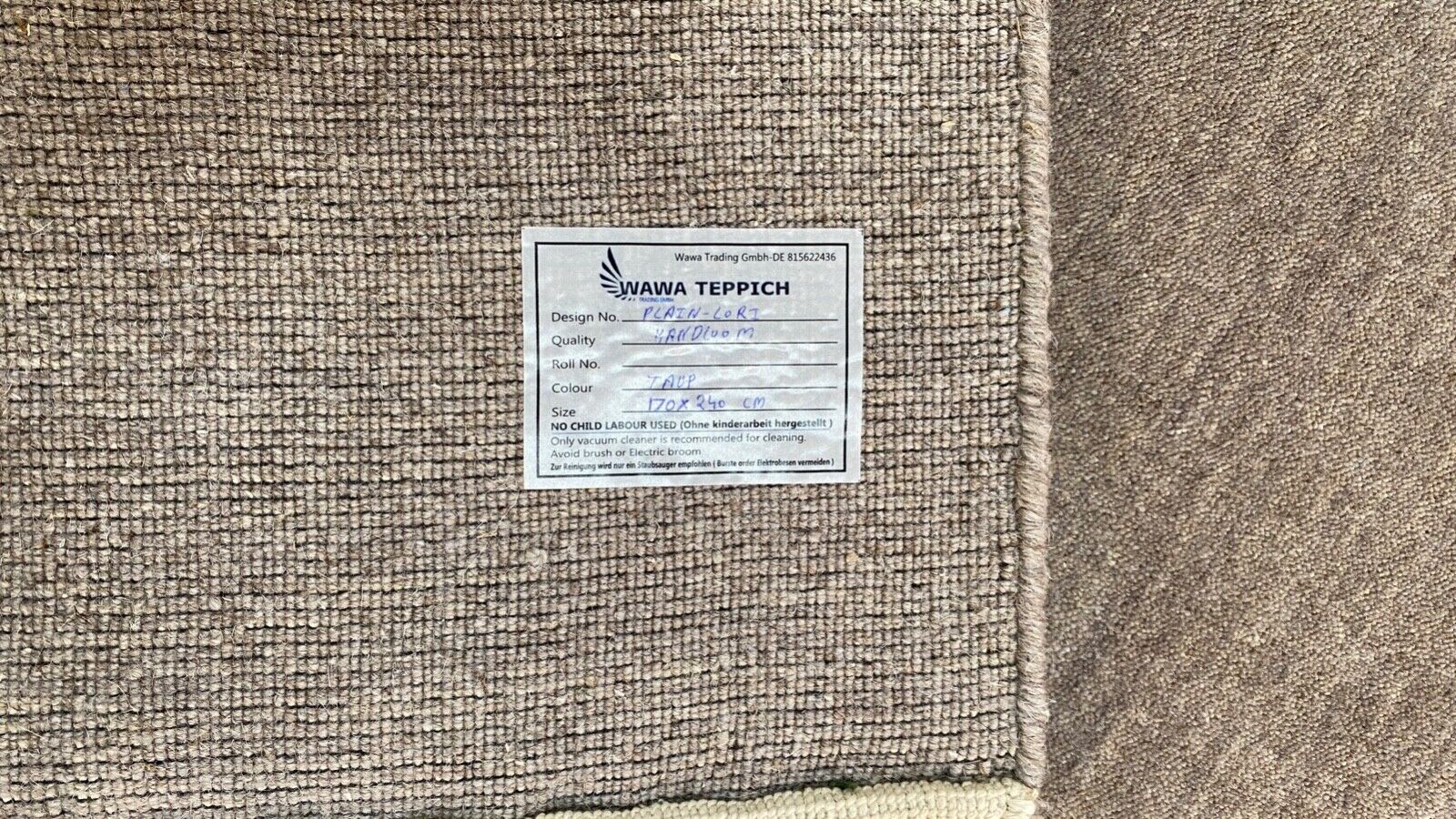 Taup siva preproga 100 % volna 170 x 240 cm ročno tkana enobarvno barvana UNI AN2 