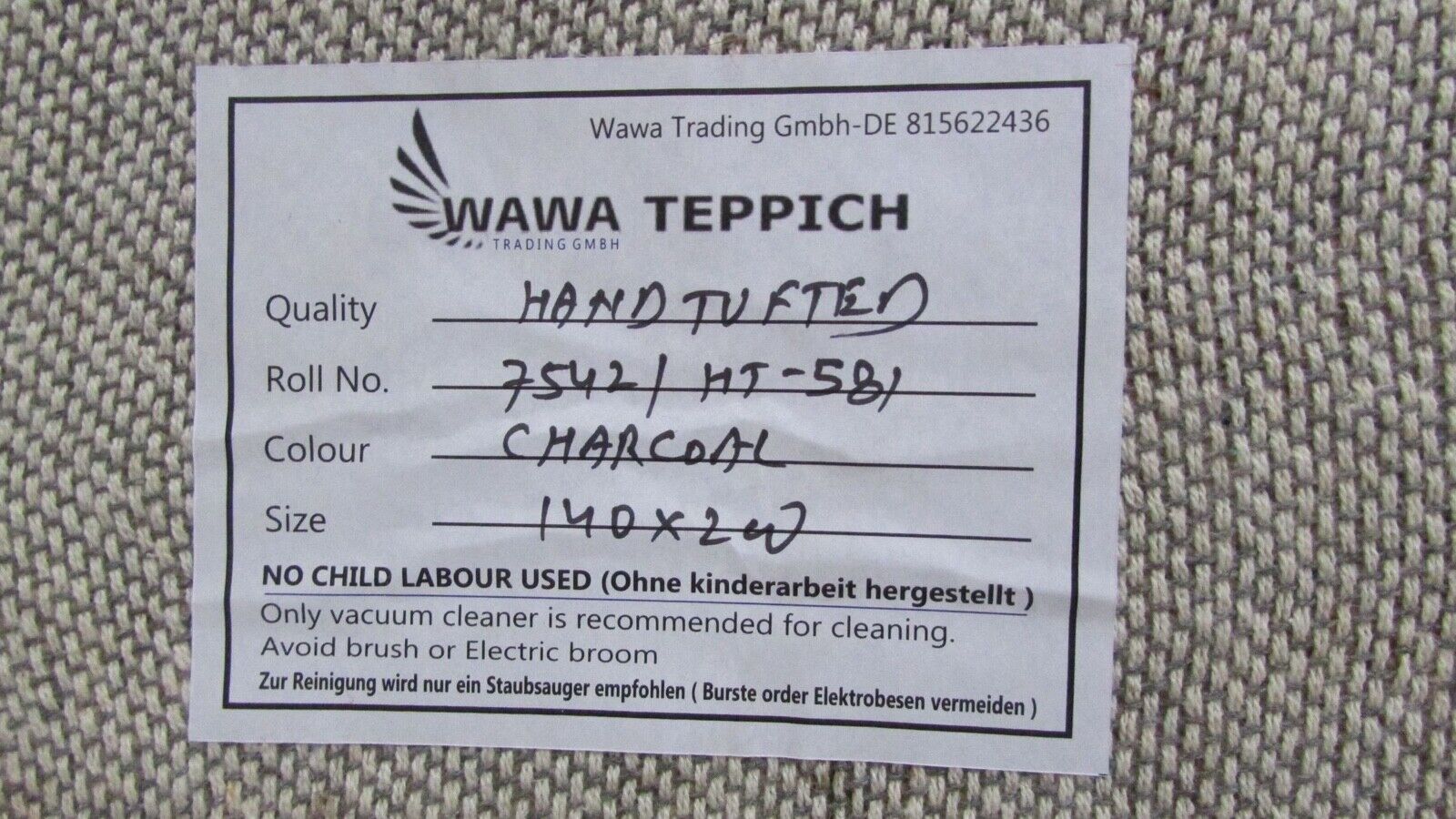 Kohlefarbe Beige140X200 cm Teppich 100% Wolle Orientteppich Handgetuftet HT580