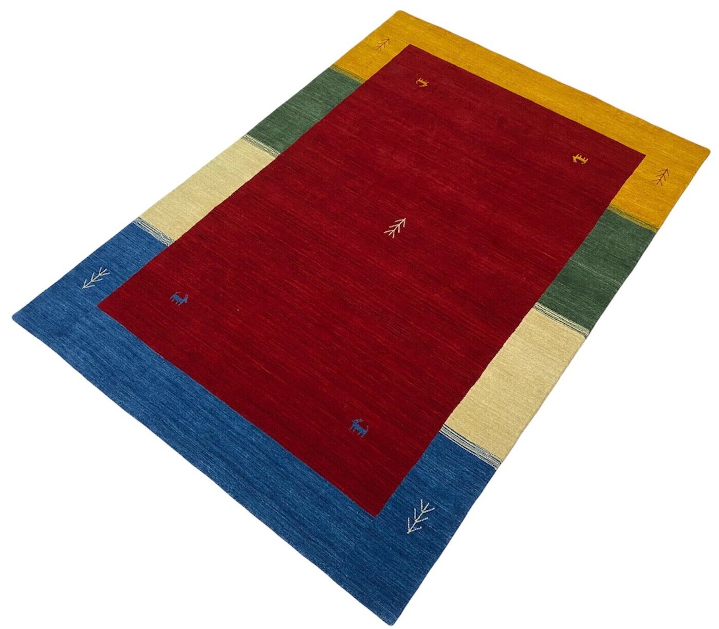 Gabbeh Teppich 100% Wolle 140x200 cm Rot Gold Grün Handgewebt Orientteppich Bunt