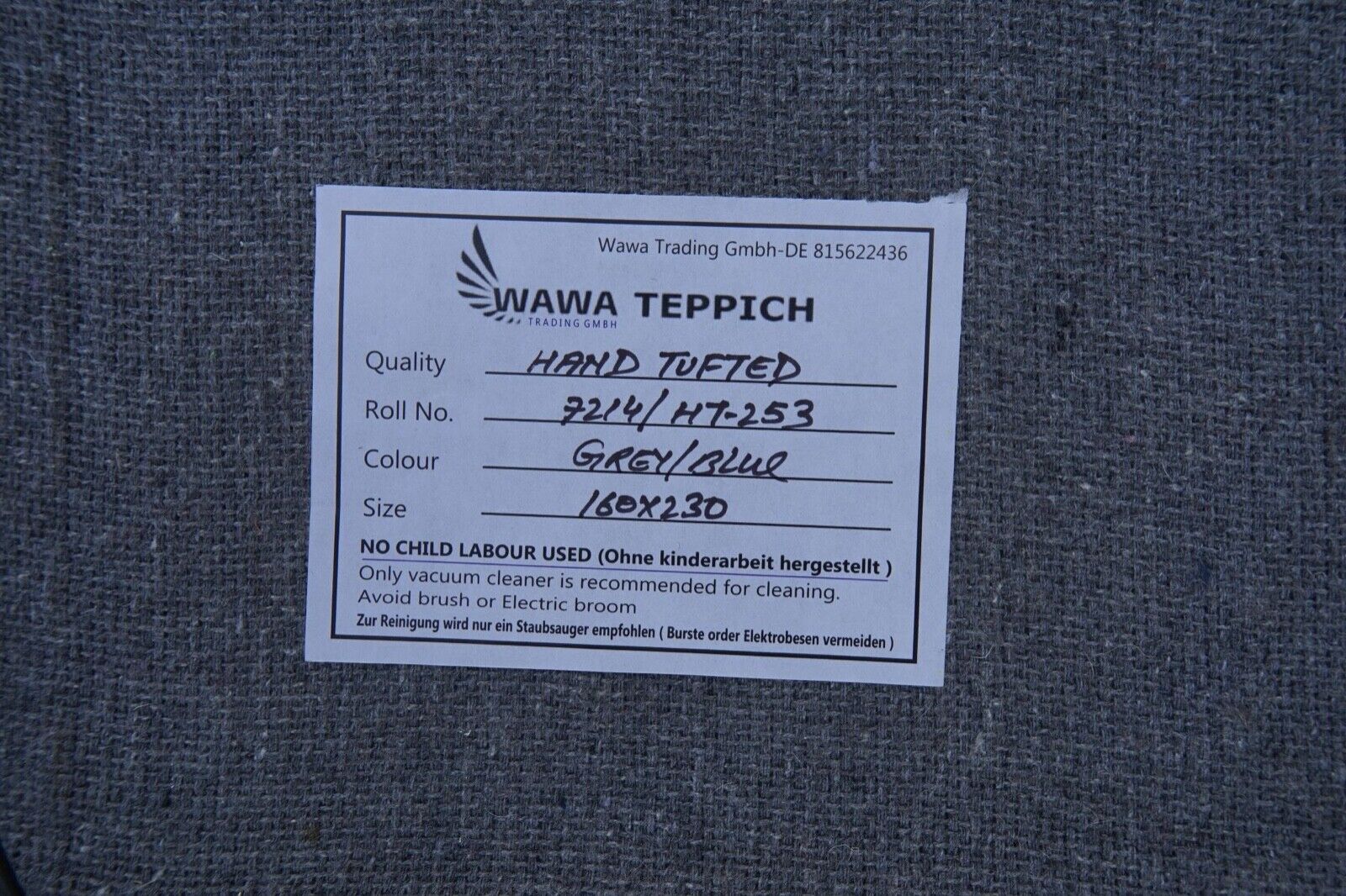 Teppich 100% Wolle Blau Grau 160X230 cm Handgetuftet Orientteppich HT253u