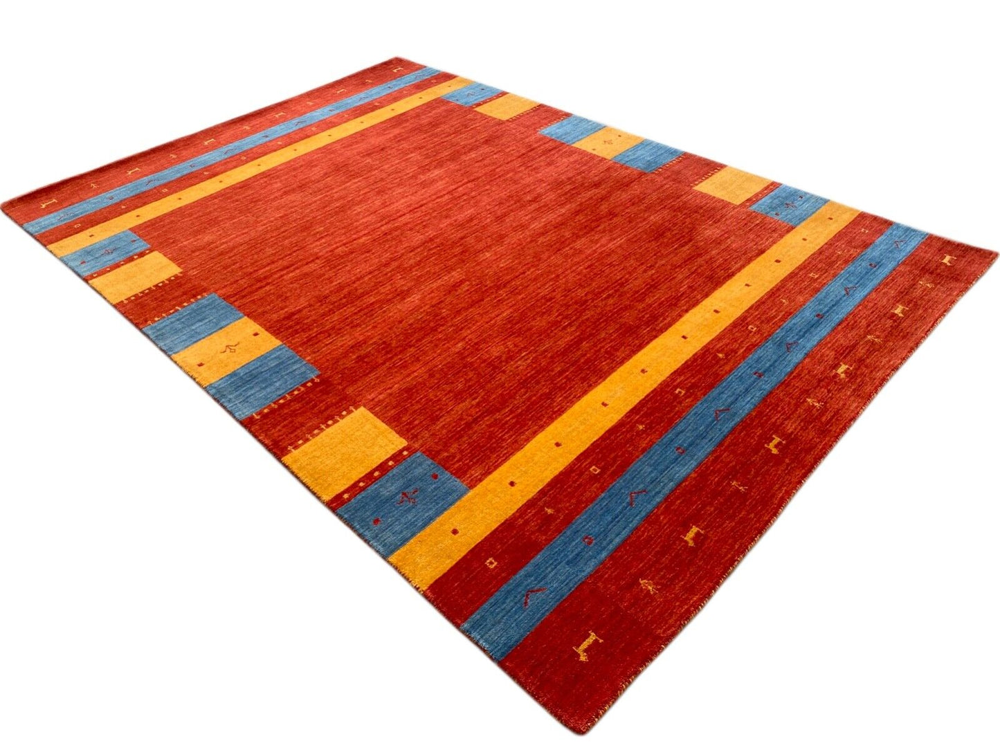 Gabbeh Teppich 100% Wolle 200x300 cm Rot Gold Blau Handgewebt Orientteppich 110