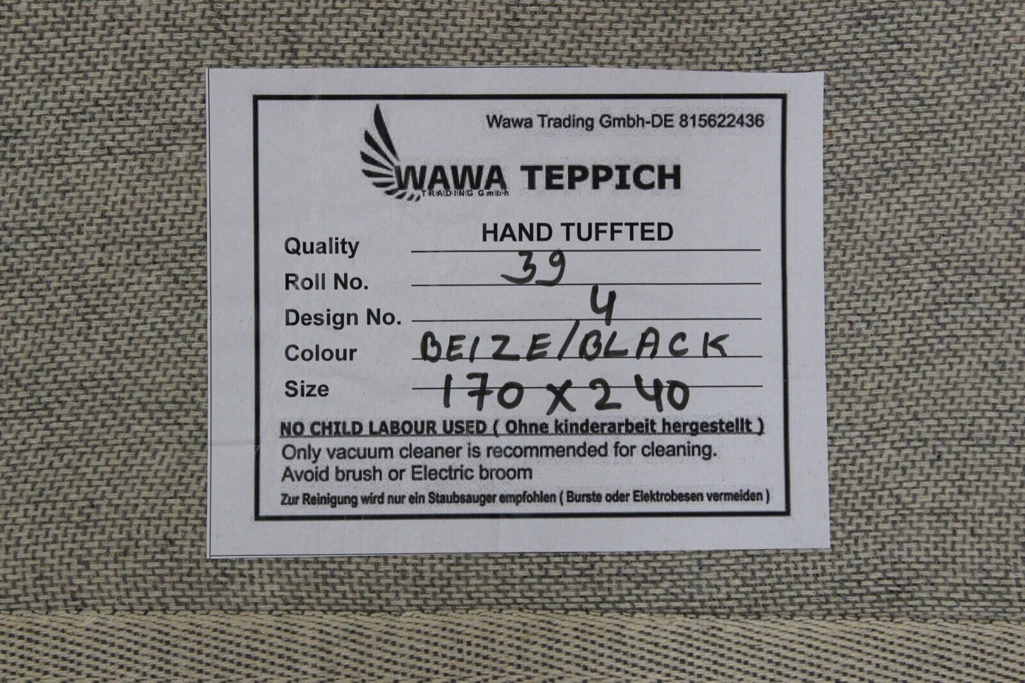 Schwarz Beige 100% Wolle  Teppich 170X240 CM Handarbeit Handgetuftet ME4