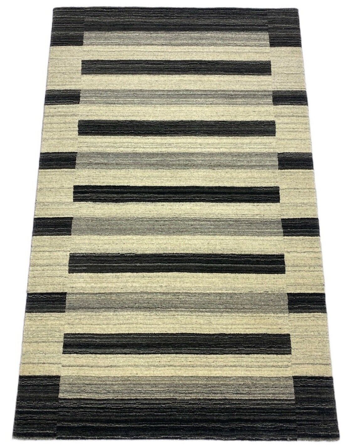 Teppich 100% Wolle Schwarz Beige Gabbeh Handgewebt 118x187 cm Naturwolle S126