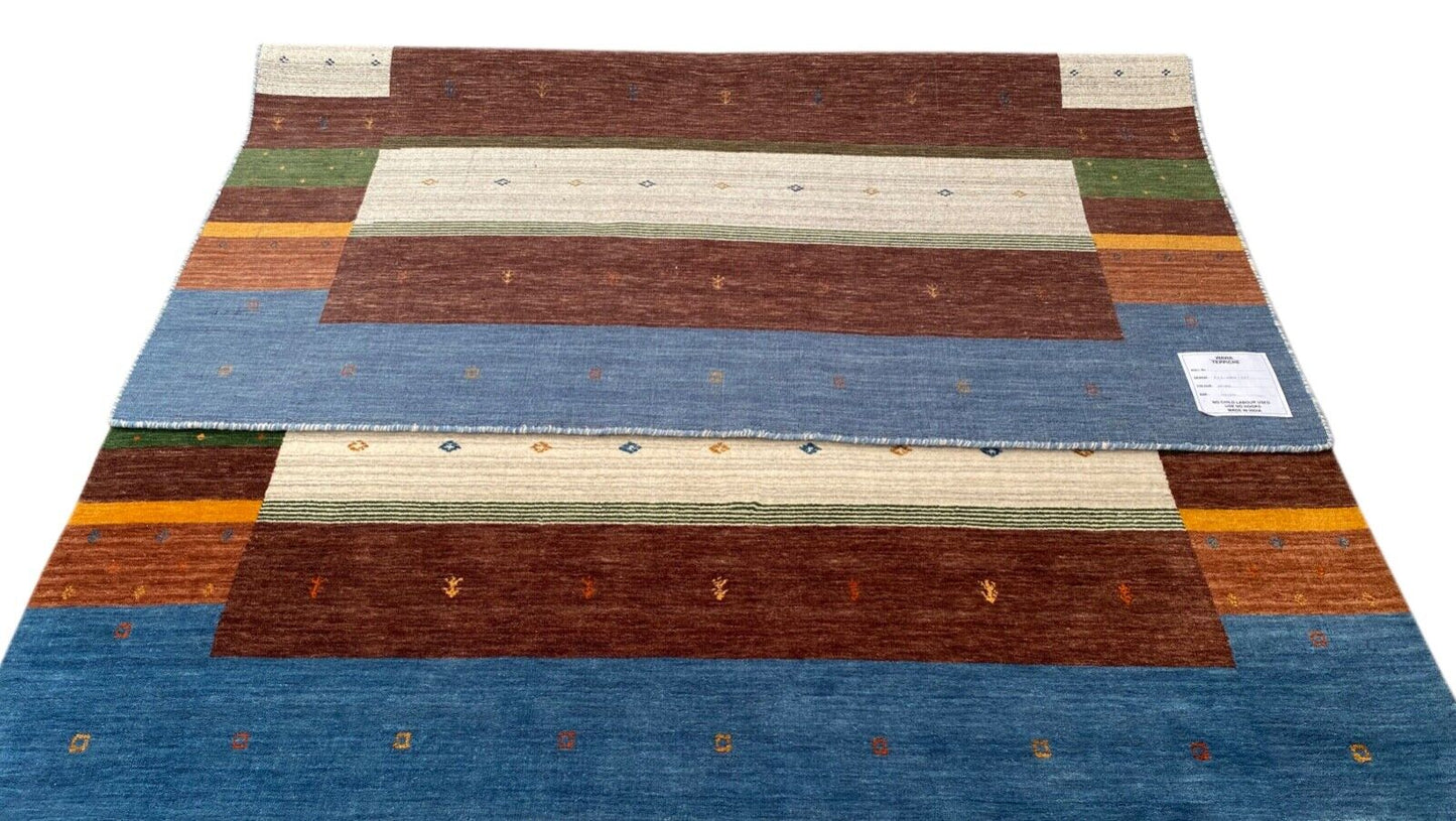 Gabbeh Teppich 100% Wolle 200x300 cm Blau Braun Handgewebt Orientteppich 111