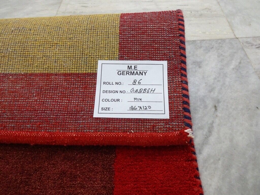 Preproga Gabbeh, ročno vozlana, 100 % volna, zlata in rdeča orientalska preproga, 120 x 186 cm, M86