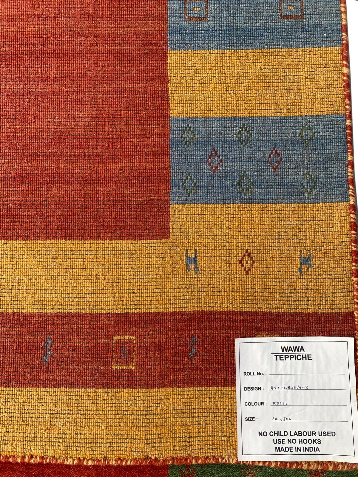 Tappeto Gabbeh, 100% lana, 200x300 cm, rosso, oro, blu, tessuto a mano, tappeto orientale, 113