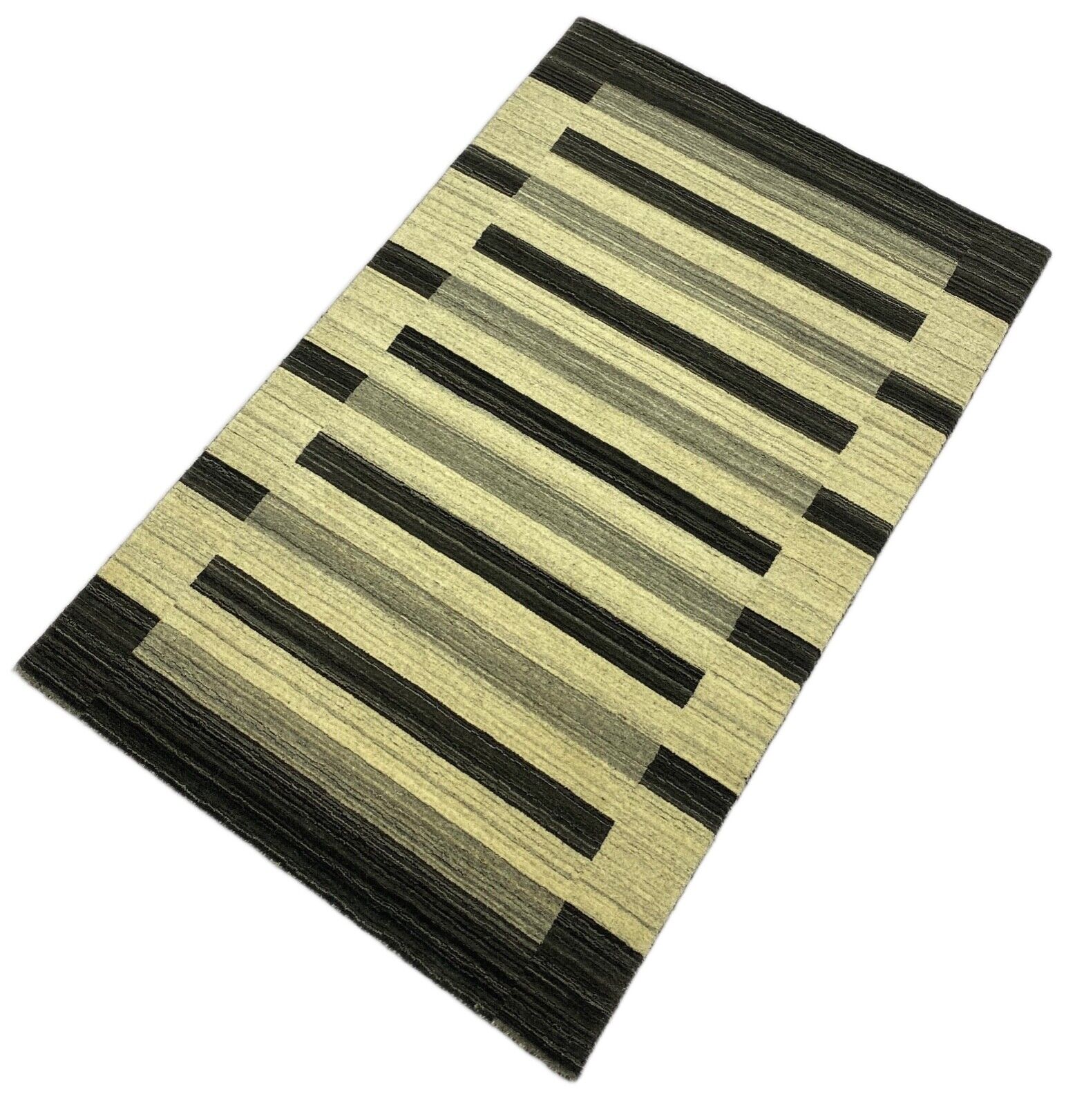 Teppich 100% Wolle Schwarz Beige Gabbeh Handgewebt 118x187 cm Naturwolle S126