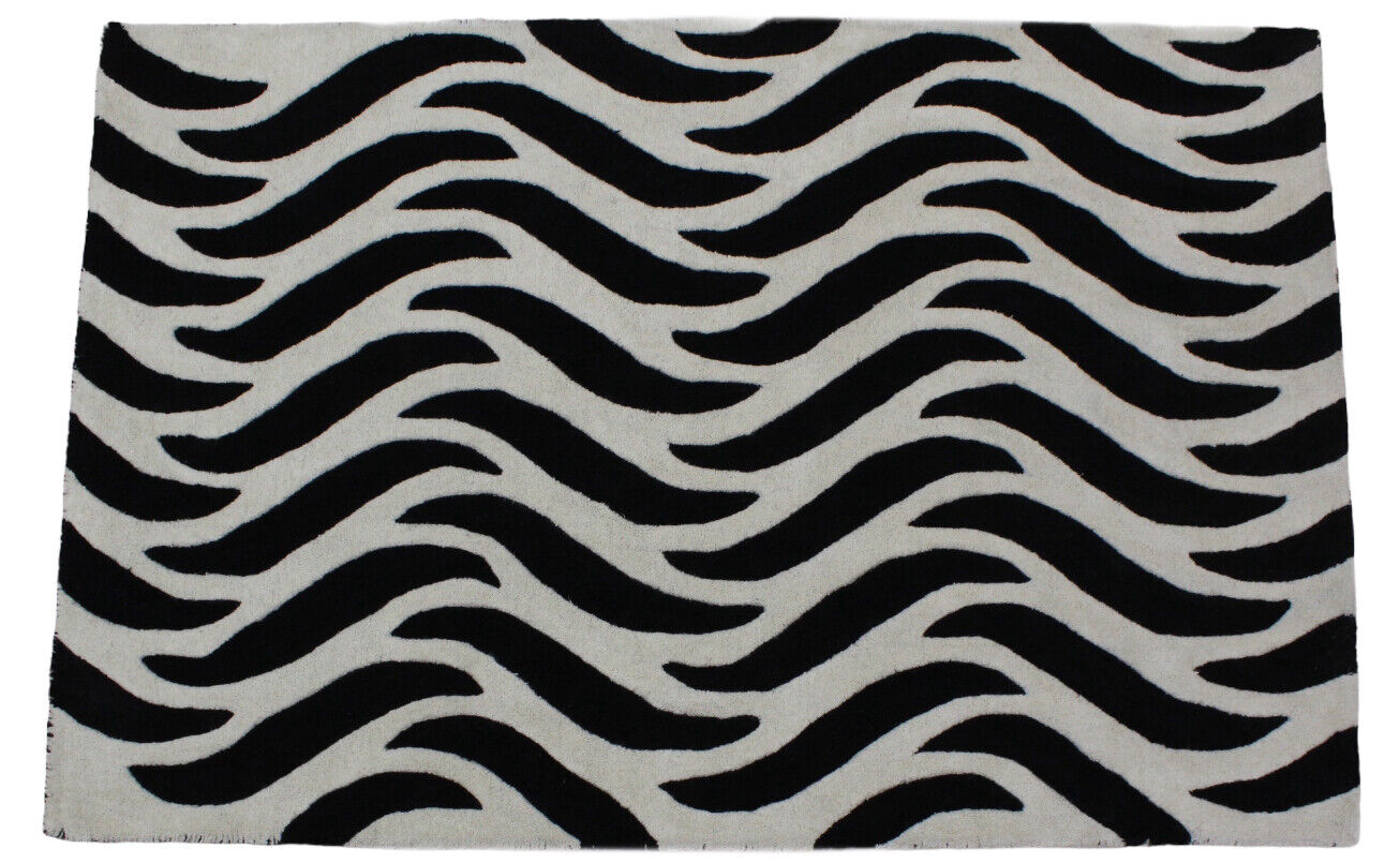 Alfombra 100% lana beige y negra, 120 x 180 cm, hecha a mano, con mechones a mano ME3