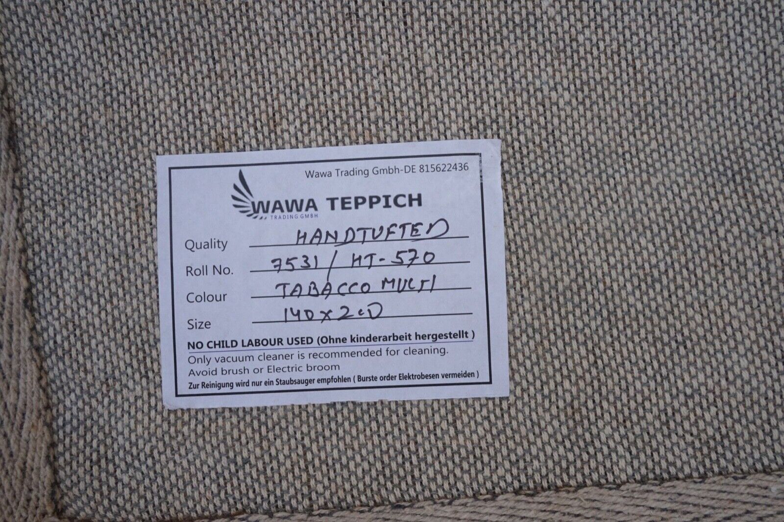 Tabakfarbe 140X200 cm Teppich 100% Wolle Braun Orientteppich Handgetuftet HT570