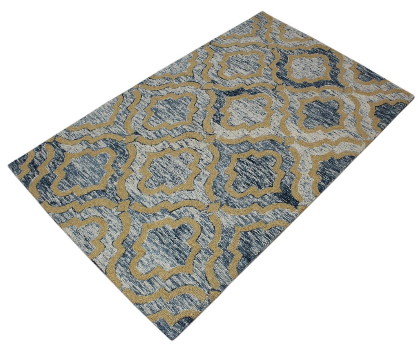 Teppich 100% Wolle Gelb Beige Blau Orientteppich 150X240 cm Handgetuftet MH930