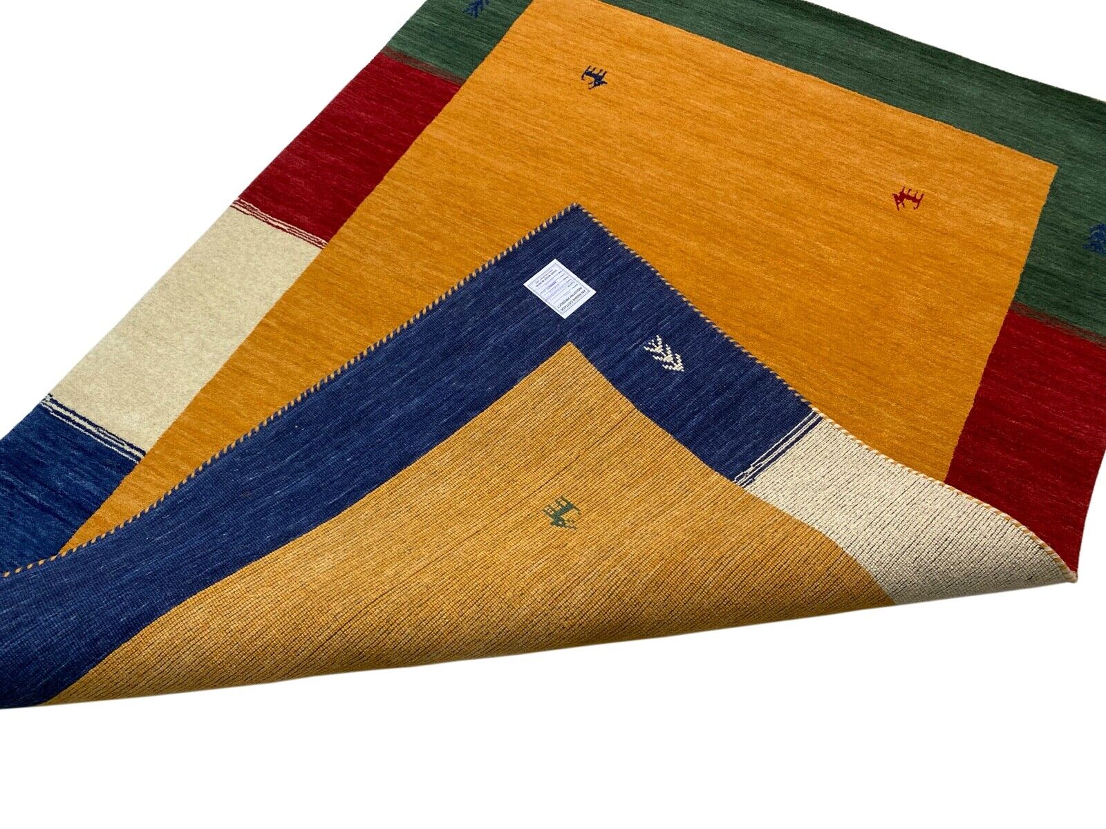 Gabbeh kilimas, auksinis, 100 % vilna, 120 x 180 cm, rankomis austas, Lori Debbich, spalvingas