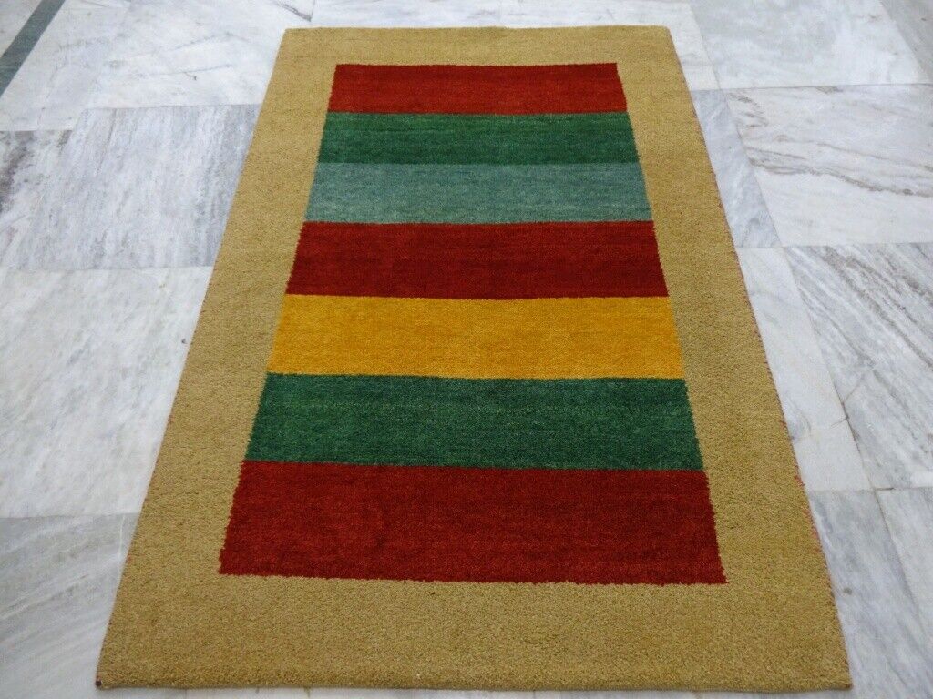 Gabbeh Teppich 120x182 cm Handgeknüpft  ~ 100% Wolle ~ Rot Grün Gold  M85