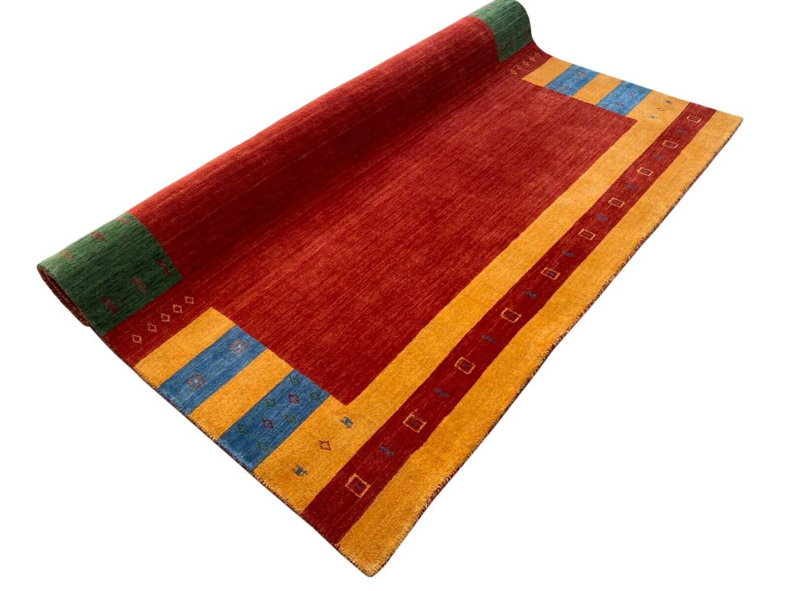 Tappeto Gabbeh, 100% lana, 200x300 cm, rosso, oro, blu, tessuto a mano, tappeto orientale, 113
