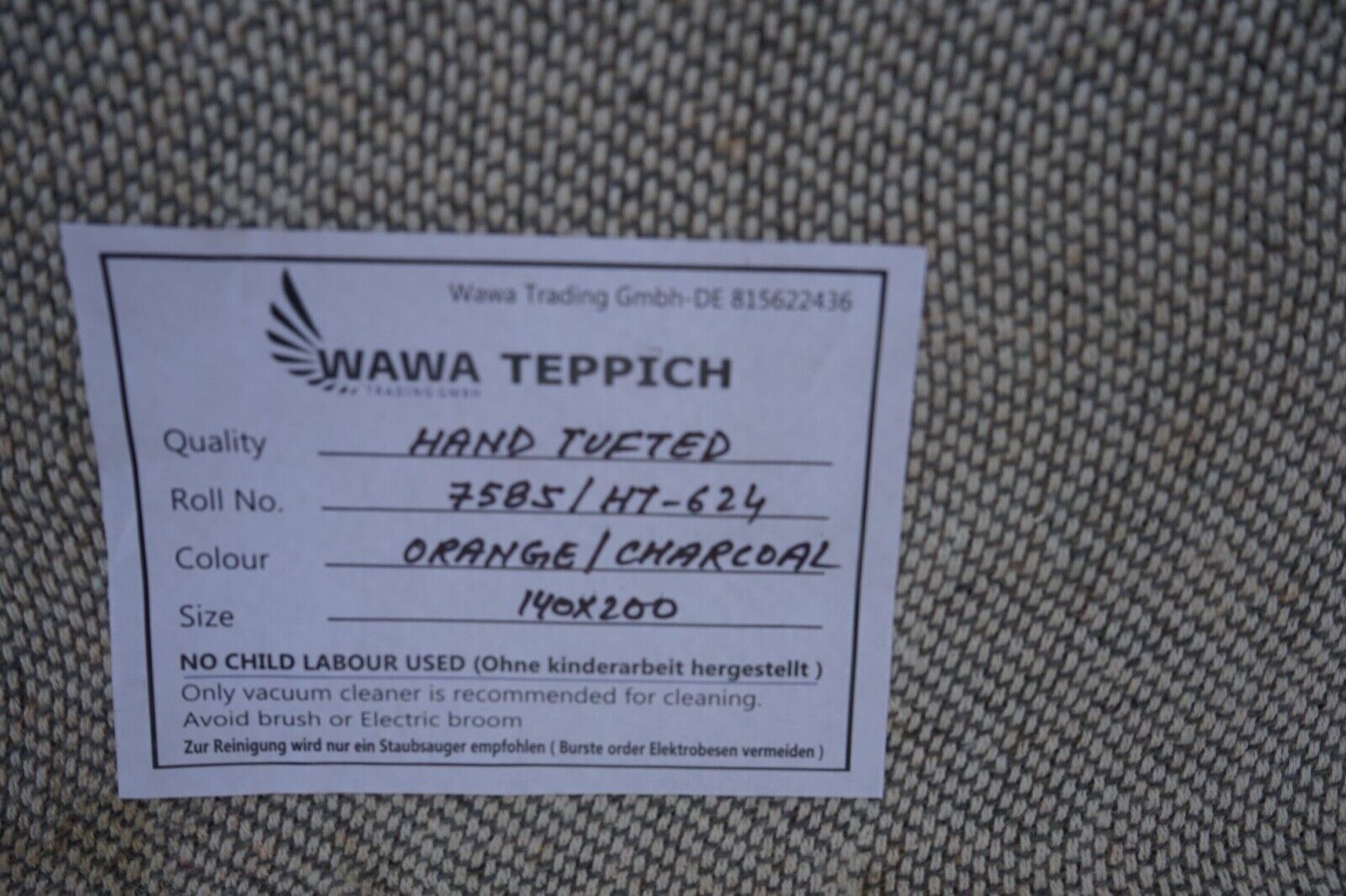 Orange Kohlefarbe 140X200 cm Teppich 100% Wolle Orientteppich Handgetuftet HT624