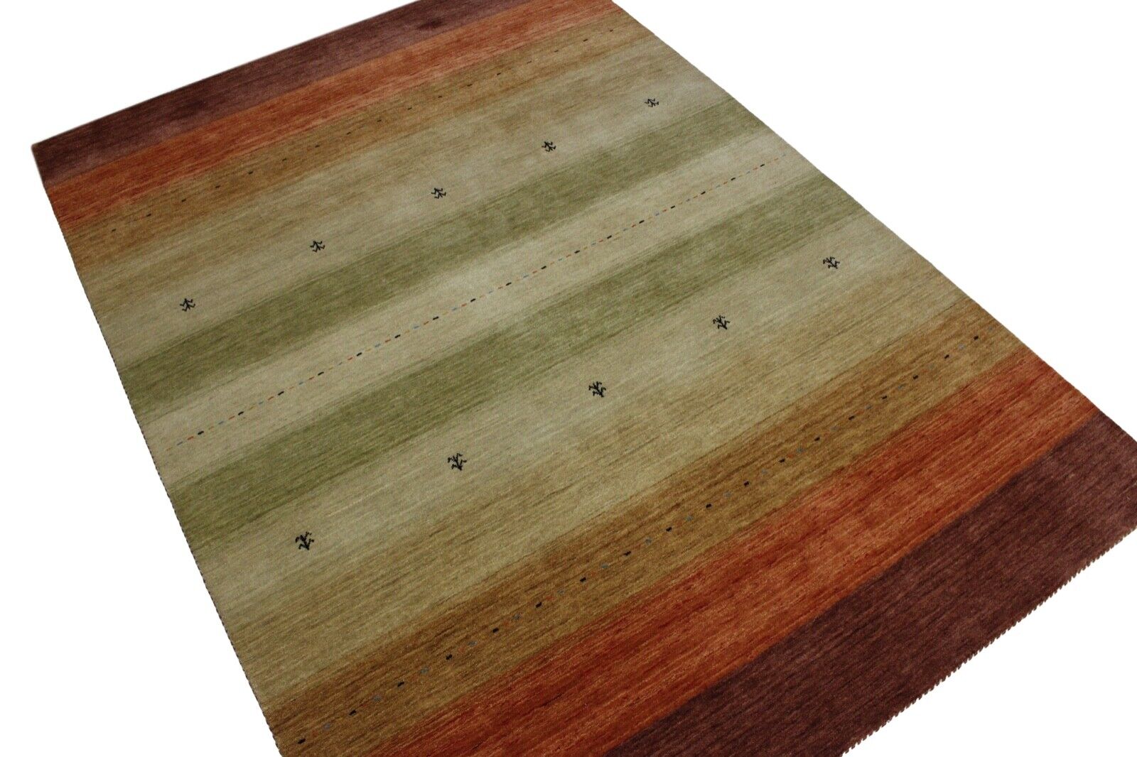 Preproga Gabbeh, zelena, oranžna, bež, 100 % volna, 170 x 240 cm, orientalsko ročno tkana, Lr456