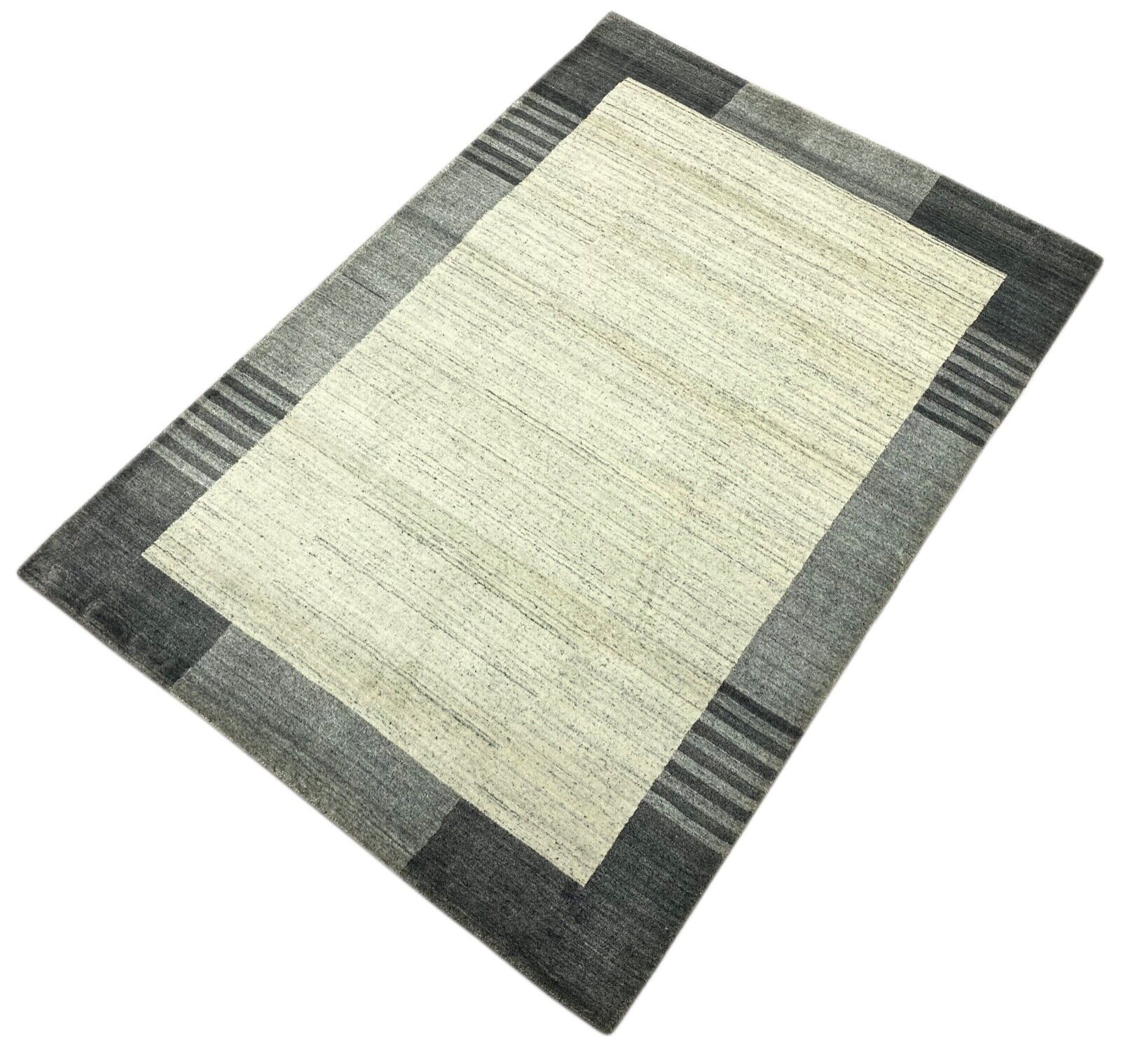 Grau Teppich 100% Wolle Silber Weiß Gabbeh Handgewebt 125x178 cm dp Garn S179