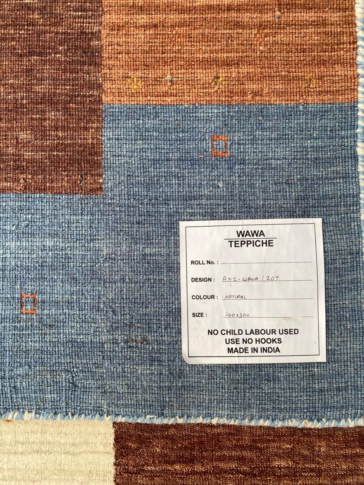 Килим Gabbeh, 100% вълна, 200x300 см, синьо/кафяво, ръчно тъкан, ориенталски килим, 111