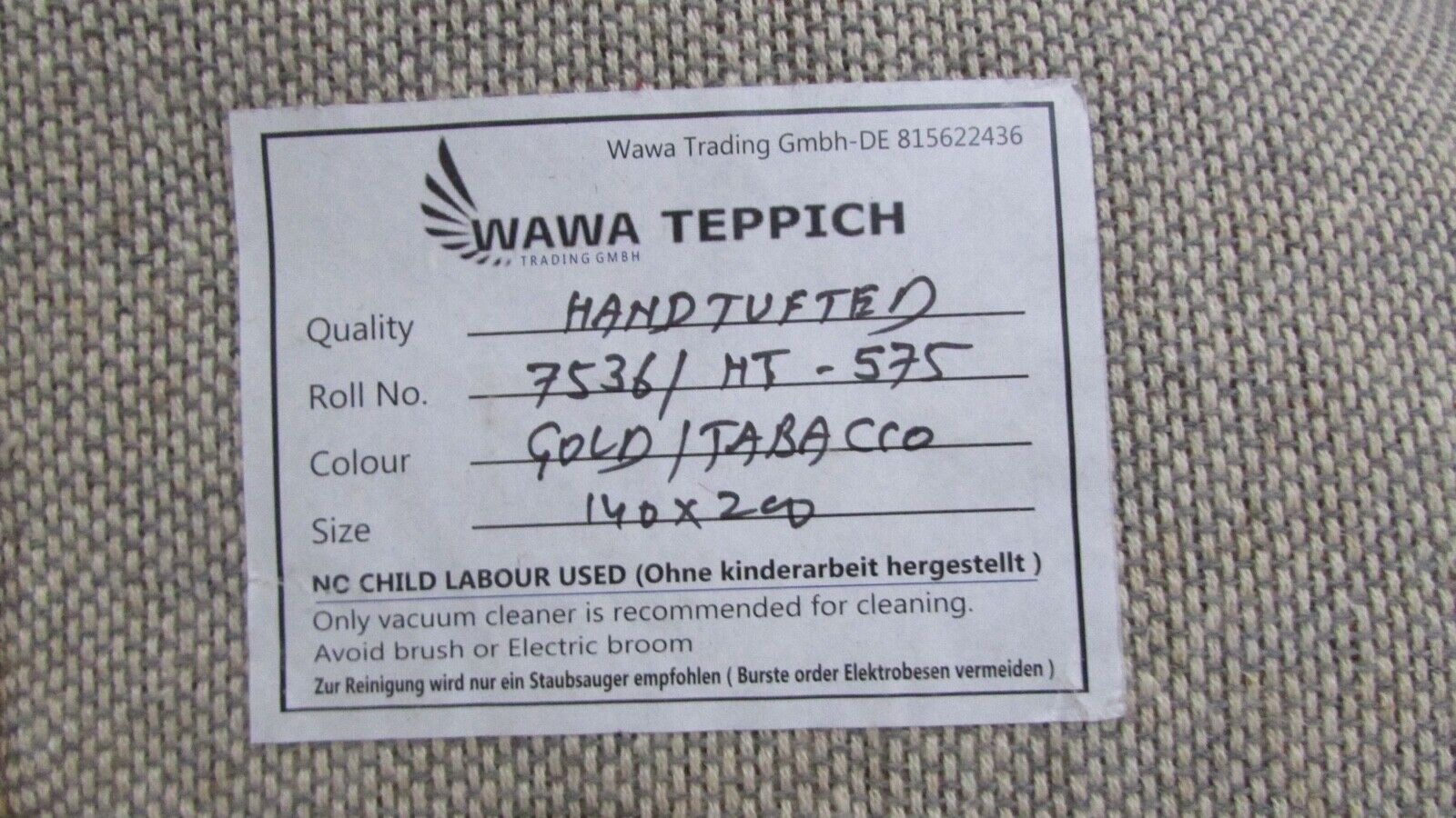 Gold Tabak 140X200 cm Teppich 100% Wolle Orientteppich Handgetuftet HT574