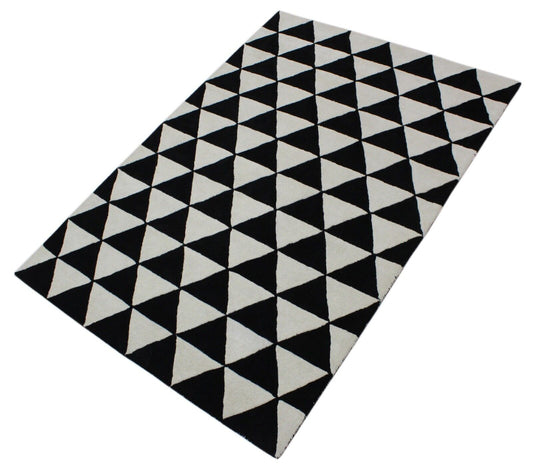 Schwarz Beige 100% Wolle  Teppich 170X240 CM Handarbeit Handgetuftet Dreieck ME2