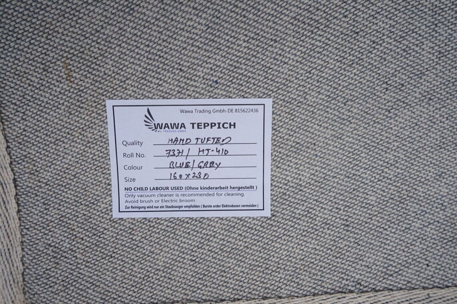 Blau 160X230 cm Teppich 100% Wolle Beige Orientteppich Handgetuftet HT410