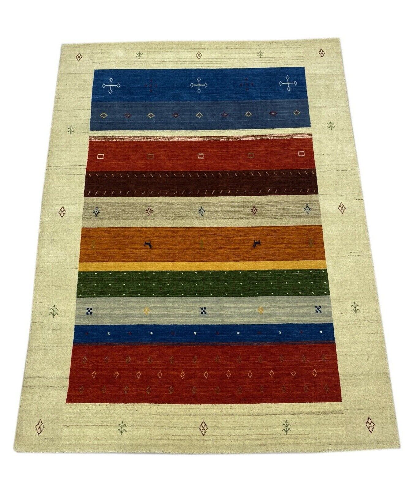 Wohnzimmer Gabbeh Teppich Beige Blau Gold 100% Wolle 175x240 cm Handgewebt WR79