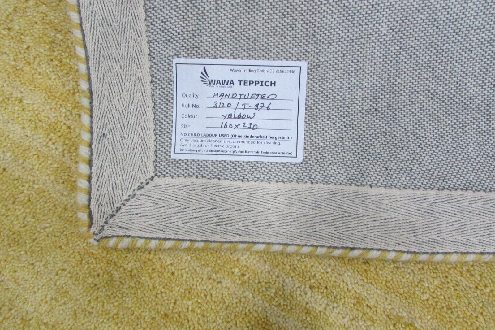 Mango geltonas vilnonis kilimas 160x230 cm, rankų darbo, auksinis, rankomis dygsniuotas T876