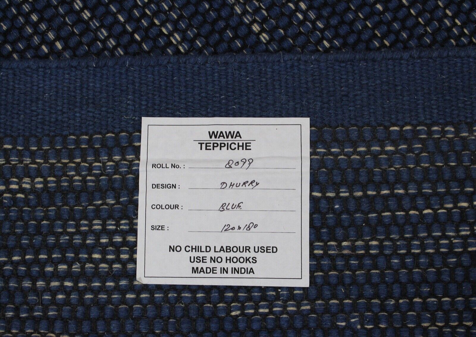 Tappeto blu per soggiorno, 100% lana, tessitura piatta, colorato, 120x180 cm, Kilim, tessuto a mano 