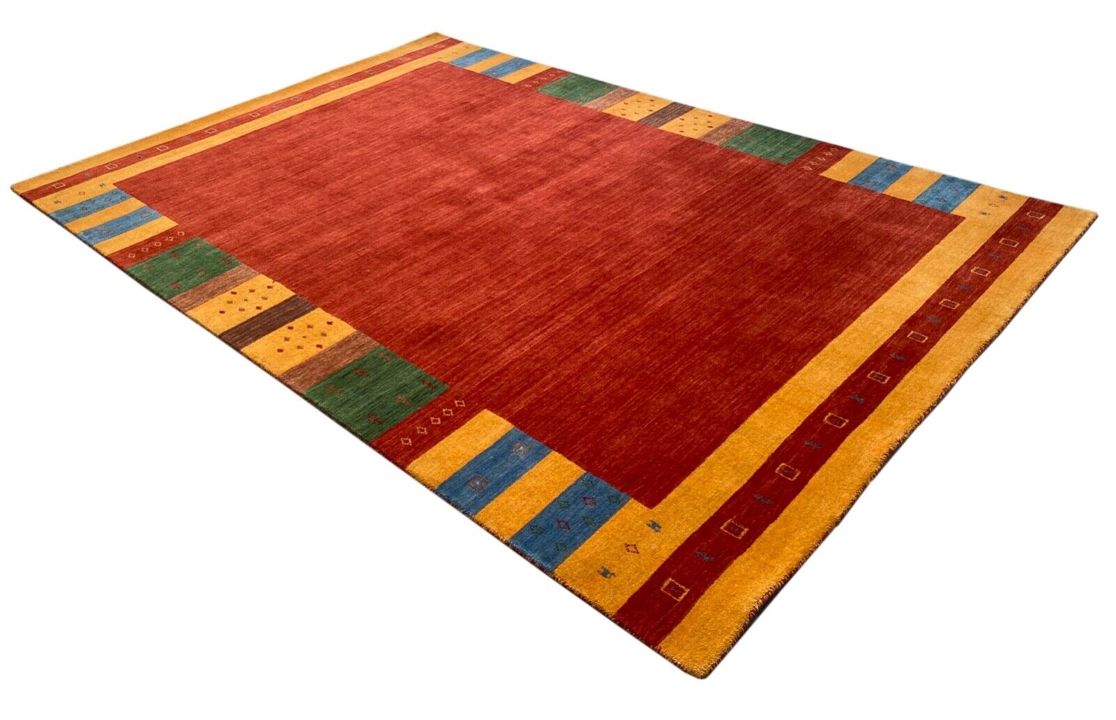 Tappeto Gabbeh, 100% lana, 200x300 cm, rosso, oro, blu, tessuto a mano, tappeto orientale, 113